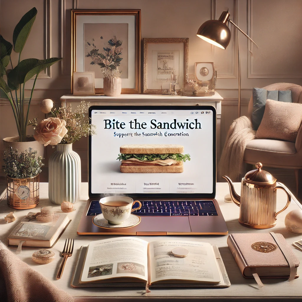 cluttered bedroom desk with open laptop displaying Bite the Sandwich