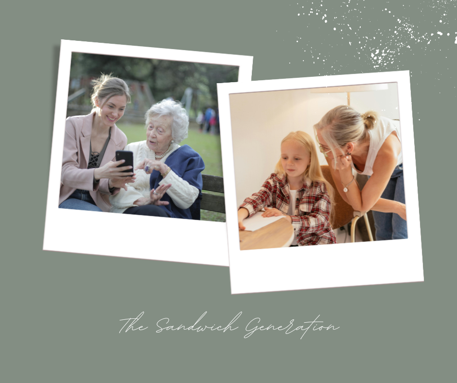 Adult caregiver balancing care for elderly parent and children